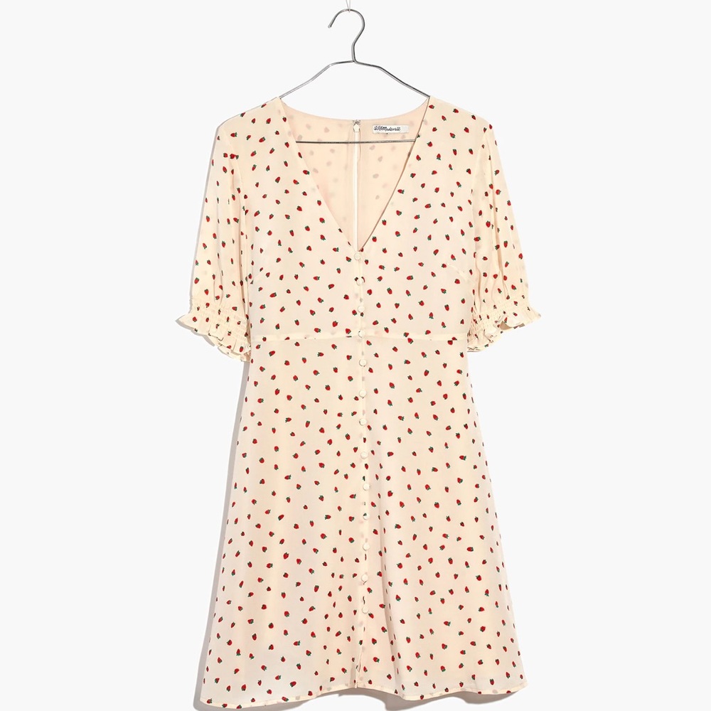 Madewell Cream Spring Summer Button-Front Strawberry Silk Dress